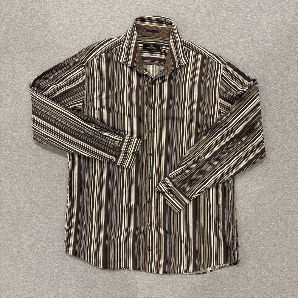 Bugatchi Uomo Button Up Shirt Men's Size XXL Brown Vertical Striped Flip Cuff - Picture 2 of 8